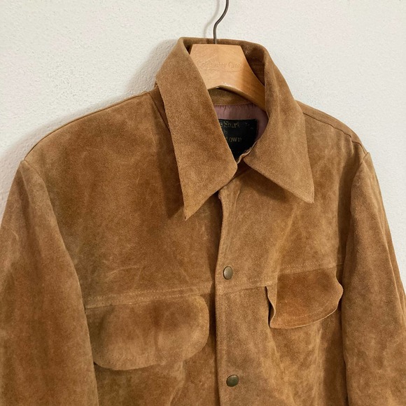 Vintage 70s Mens Camel Brown‎ Suede Leather Dagger Collar Jacket // Size Small - Picture 2 of 7